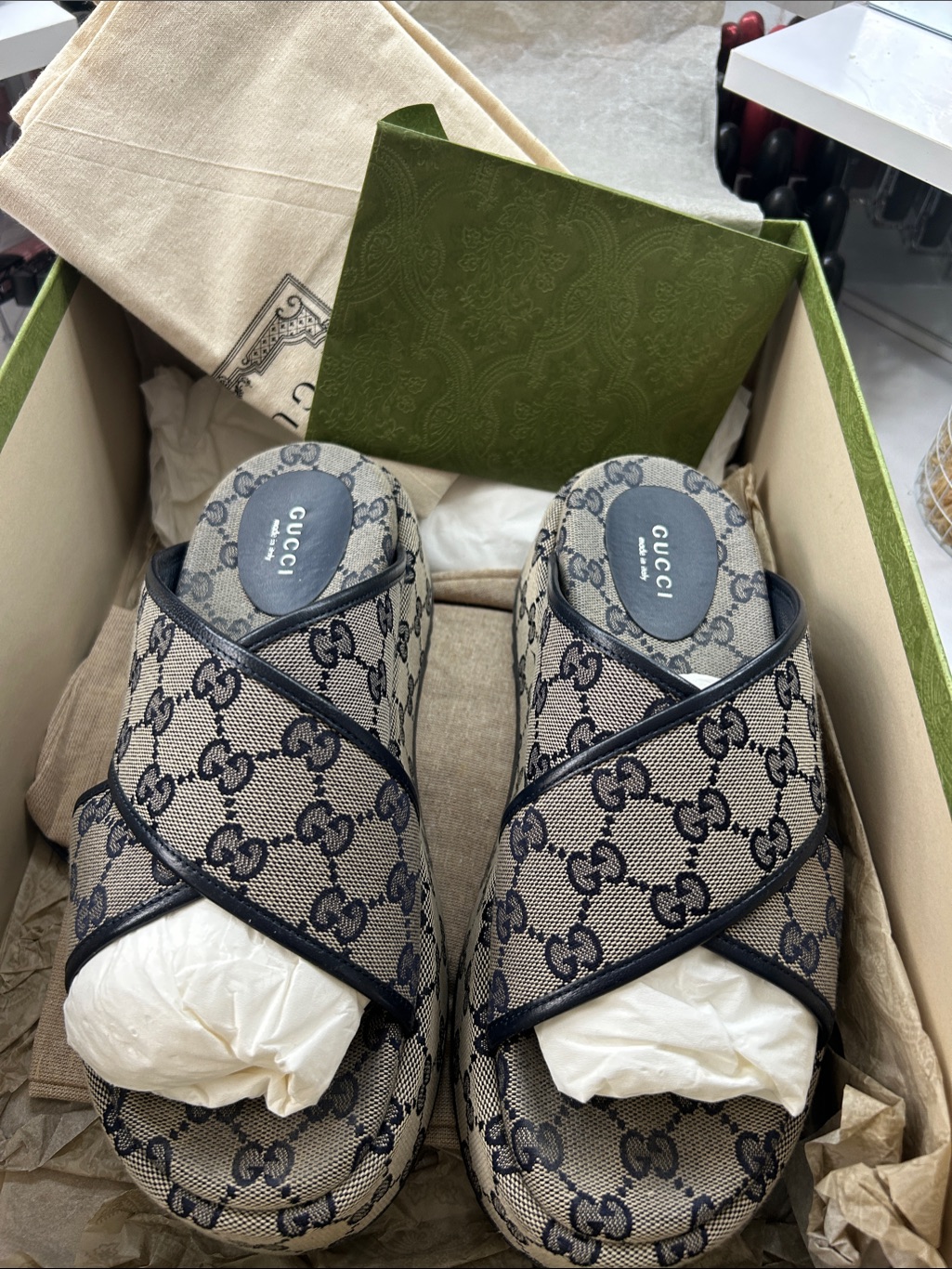 Gucci Beige & Navy Gg Canvas Slide Sandals
